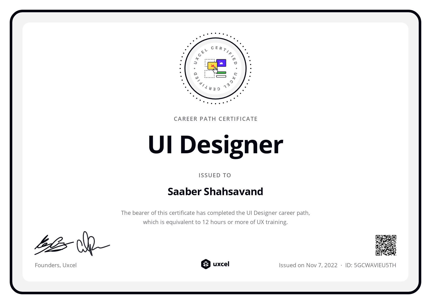 Saaber Shahsavand's certificate